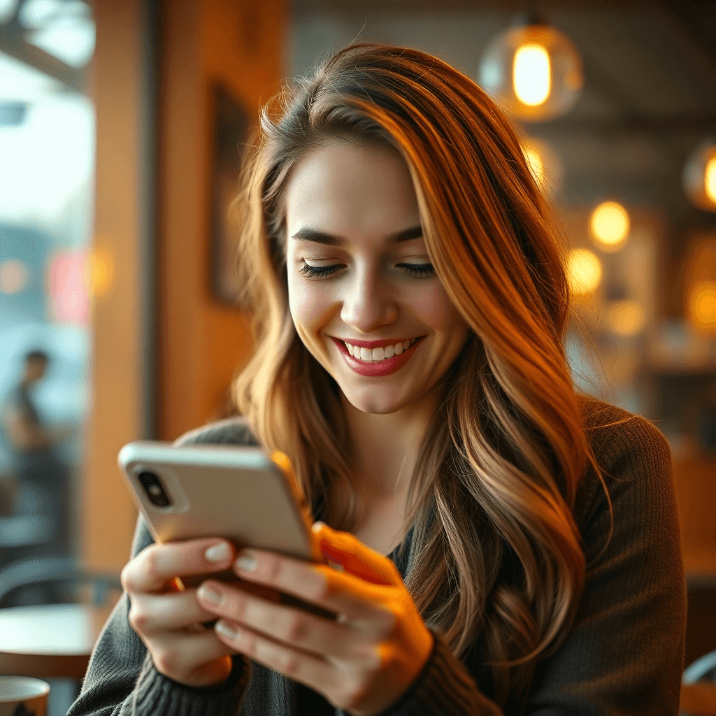 Woman smiling at her phone in a cafe, checking dating app matches