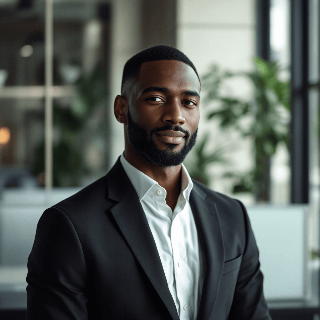 Confident Black man in a navy suit with a natural smile, professional LinkedIn headshot