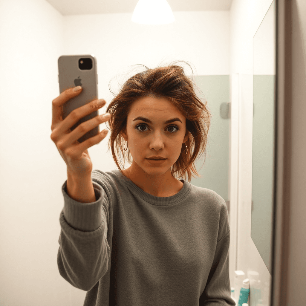 Woman taking an awkward bathroom mirror selfie with harsh lighting